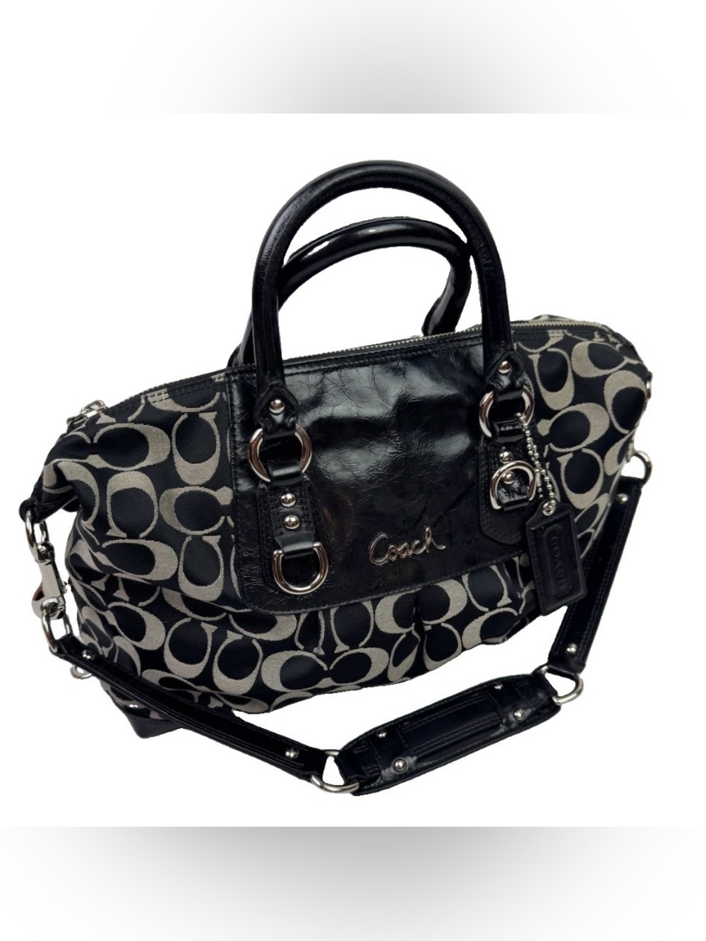 Coach F15443 Black Signature C Sateen Patent Leather Satchel Shoulder Handbag Ba